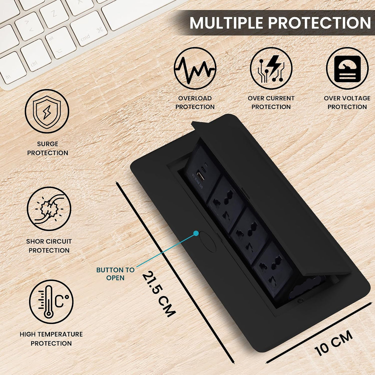 Hydraulic Pop UP Box Cable Cubby Extension Board with 3 x Universal Power Sockets, 1 x USB Type C & 1 x USB A Ports (Black)