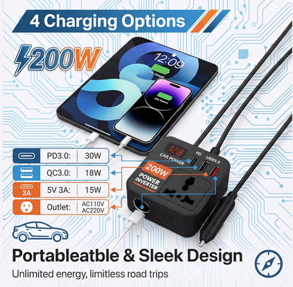 200W Car Power Inverter 12V DC to 220V AC Converter with 2 AC Universal Outlets, 30W PD USB-C, Dual USB QC 3.0 (18W+15W), Fast Car Charger for Laptop, Mobile & Electronic Devices