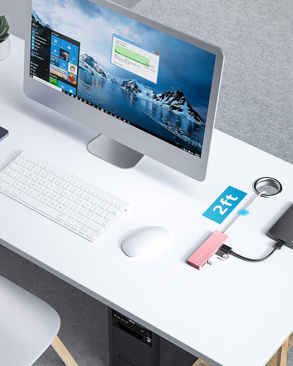 BYEASY USB Hub, USB 3.1 C to USB 3.0 Hub with 4 Ports and 2ft Extended Cable, Ultra Slim Portable USB Splitter for MacBook, Mac Pro/Mini, iMac, Ps4, PS5, Surface Pro, Flash Drive, Samsung(Pink)