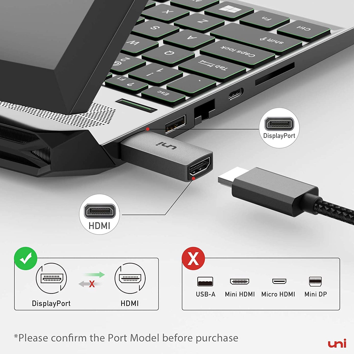 Uni DisplayPort to HDMI adapter, 4K UHD DP to HDMI converter