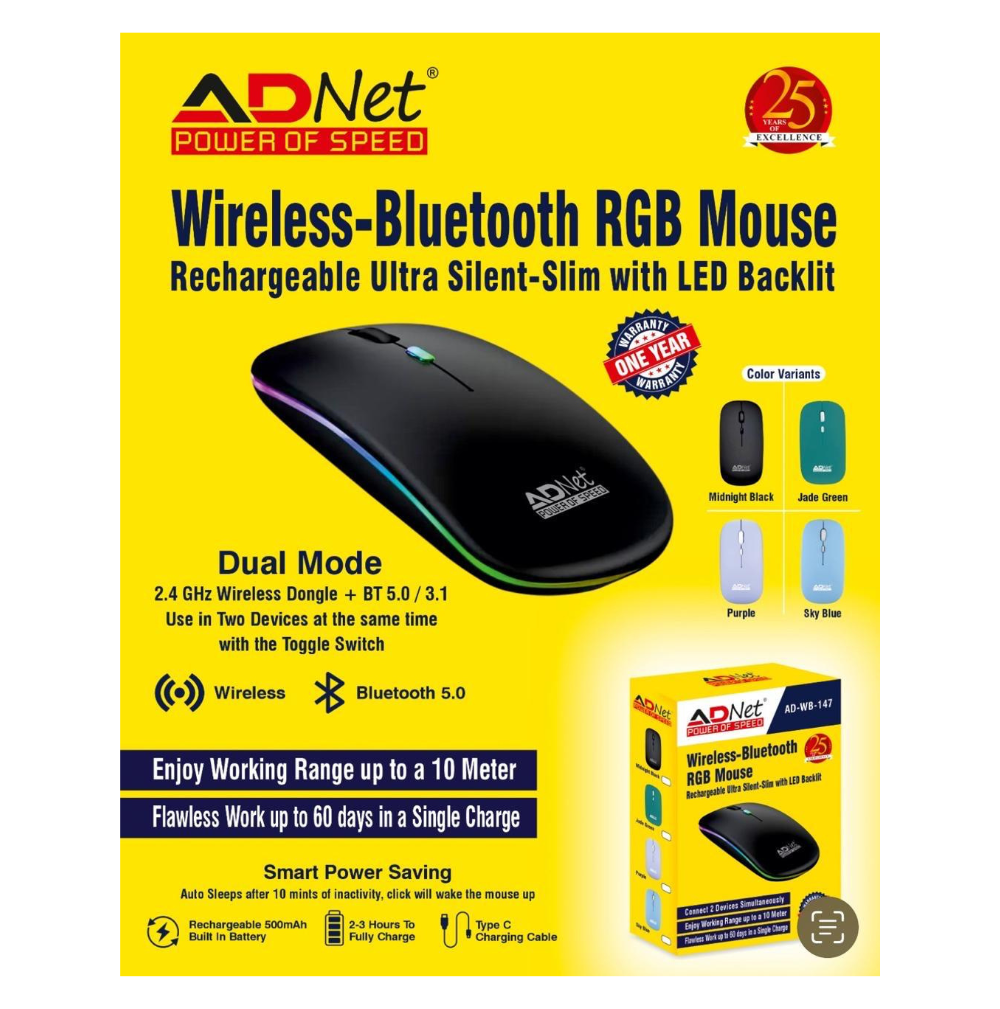 AD NET 2 in 1 Wireless-Bluetooth RGB Mouse | Rechargeable Battery | Upto 2400 DPI | Silent Clicks Wireless Optical  Gaming Mouse