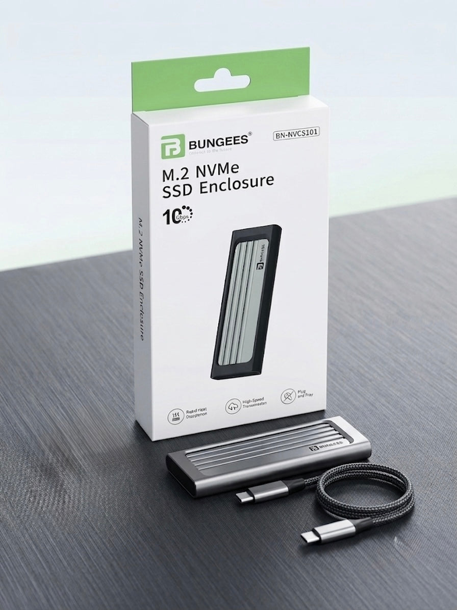 Bungees M.2 NVMe Enclosure, 10Gbps Aluminum External Hard Drive Case for NVMe PCIe M-Key (M+B Key) in Size 2280 2260 2242 2230 SSDs, Includes Dual Cable (USB TO C / C TO C), UASP Trim, Tool-Free (SSD not Included)