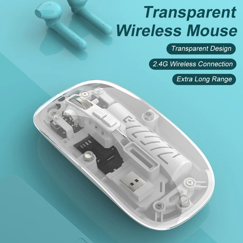 Rechargeable Wireless Mouse, Dual Mode (2.4GHz + BT), Silent Operation, Transparent Body, RGB, Battery Indicator, for Mac | Laptop | Computer | Tablet