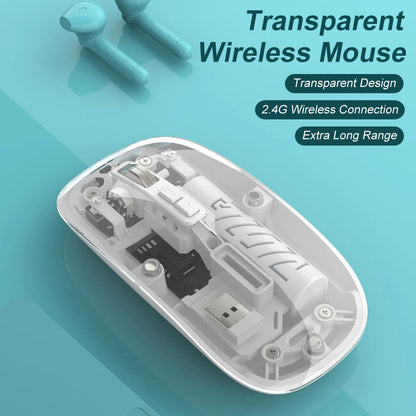 Rechargeable Wireless Mouse, Dual Mode (2.4GHz + BT), Silent Operation, Transparent Body, RGB, Battery Indicator, for Mac | Laptop | Computer | Tablet