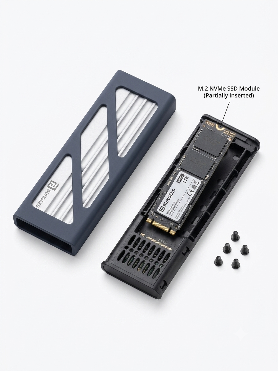 Bungees M.2 NVMe Enclosure, 10Gbps Aluminum External Hard Drive Case for NVMe PCIe M-Key (M+B Key) in Size 2280 2260 2242 2230 SSDs, Includes Dual Cable (USB TO C / C TO C), UASP Trim, Tool-Free (SSD not Included)