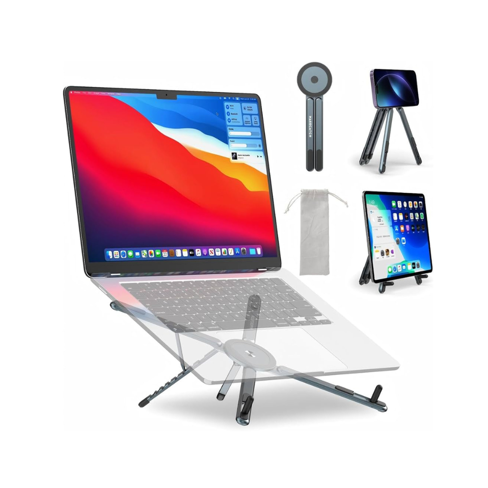 Metallic Portable Stand for Laptop/iPhone/iPad | Magnetic Phone Tripod Stand, 3-in-1 Adjustable Holder for iPhone iPad Laptop, 8-Level Height & Angle, Portable Aluminum Alloy Desktop Stand, Compatible with 4-13” iPhone, 10-16” Laptops & Tablets