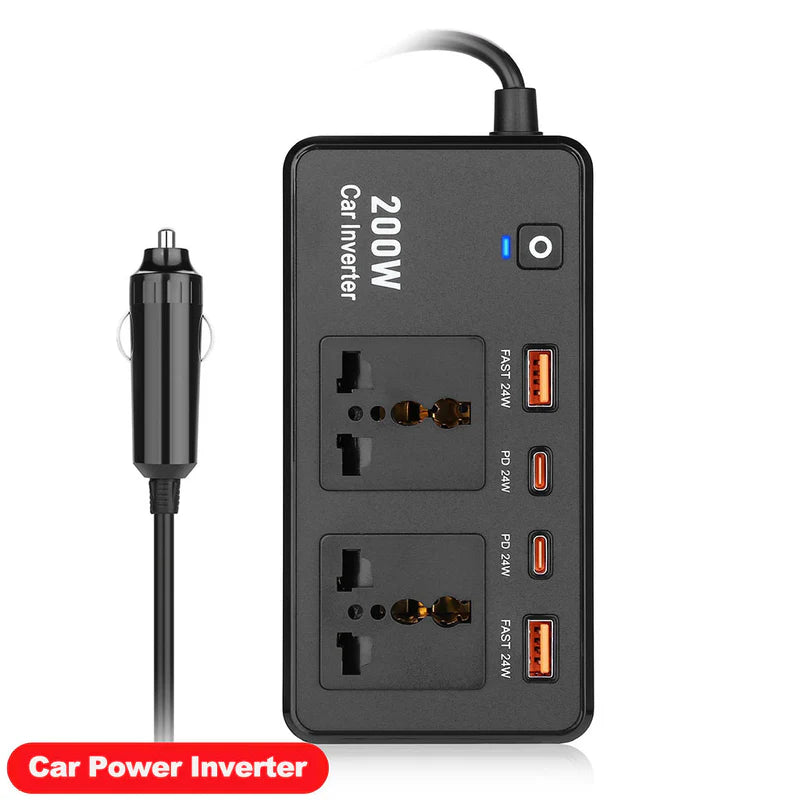 Hi-Lite Essentials DC to AC 200W Car Inverter, Compact Design, 50Hz Output Frequency, 2 Sockets, 2 USB-C, 2 USB-A - Black