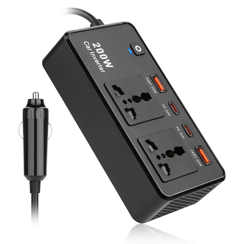 Hi-Lite Essentials DC to AC 200W Car Inverter, Compact Design, 50Hz Output Frequency, 2 Sockets, 2 USB-C, 2 USB-A - Black