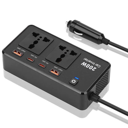 Hi-Lite Essentials DC to AC 200W Car Inverter, Compact Design, 50Hz Output Frequency, 2 Sockets, 2 USB-C, 2 USB-A - Black