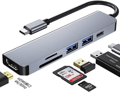 Hi-Lite Essentials 6 in 1 Type C Adapter, USB 3.0 Multiport Adapter, Type C 4k HDMI Port, Multi Card Reader hub